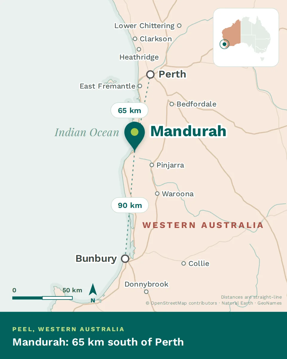 Map showing where Mandurah is, with Perth and Bunbury