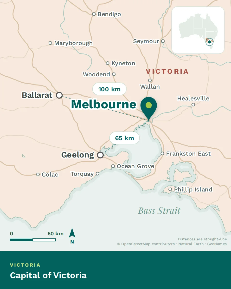 Map showing where Melbourne is, with Geelong and Ballarat