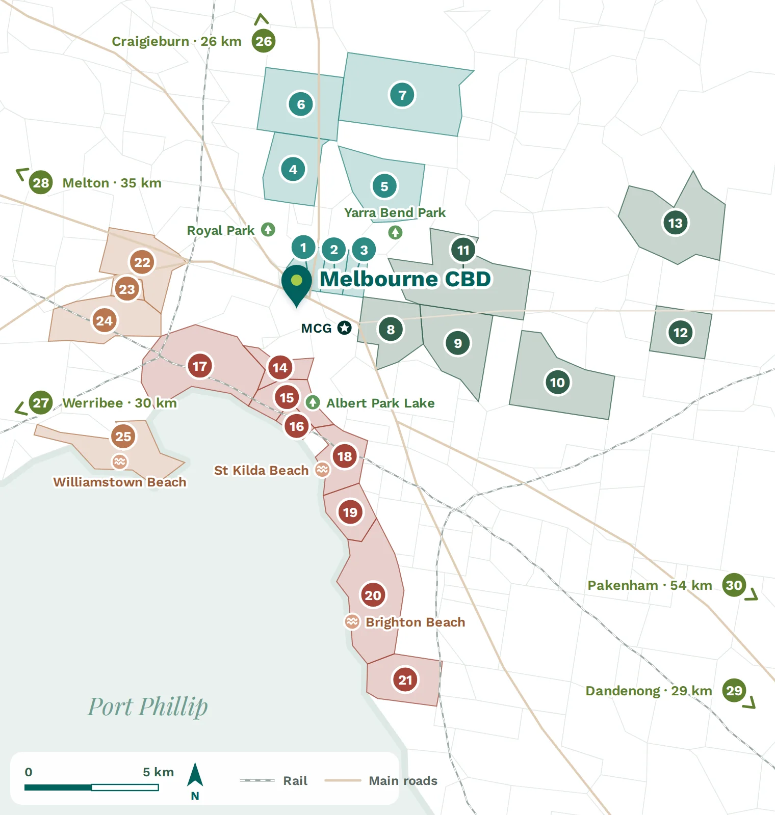 Map of Melbourne showing the suburbs named in this chapter, with parks, beaches and landmarks