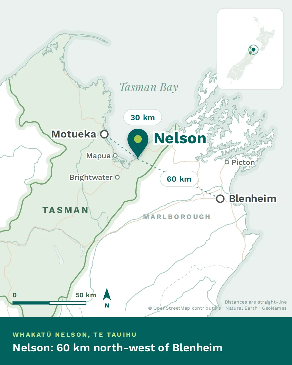 Map showing where Nelson is, with Blenheim and Motueka