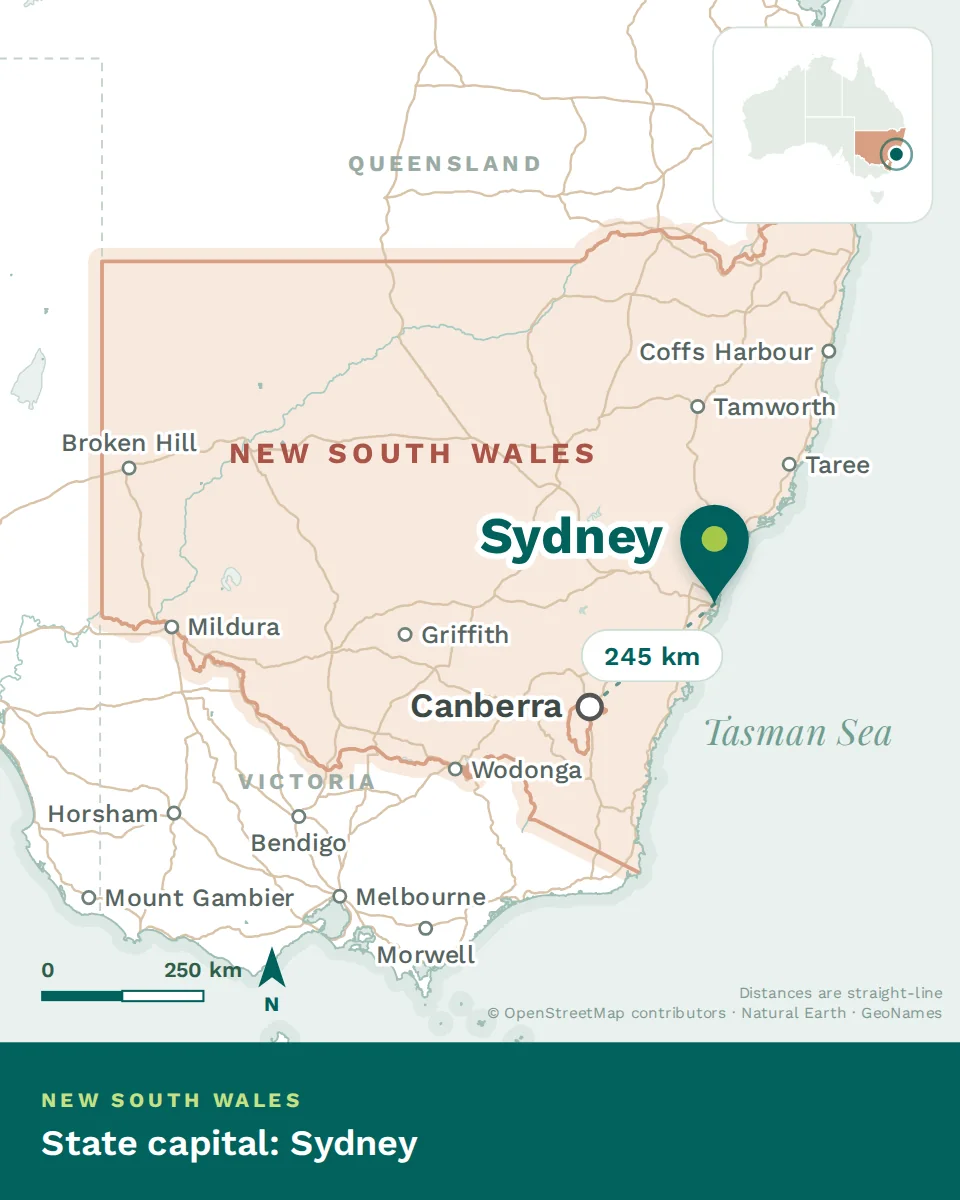 Map showing where Sydney is, with Canberra