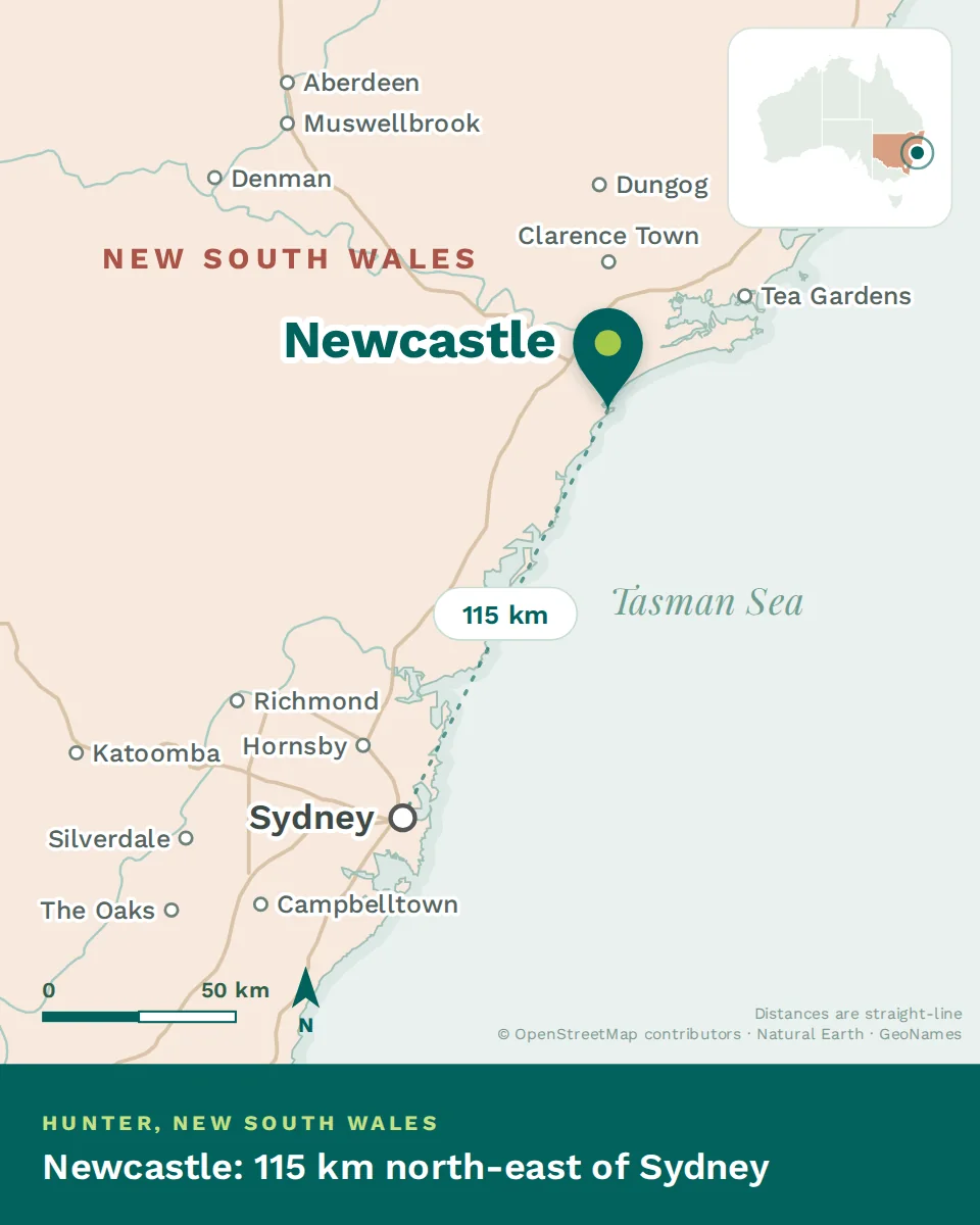 Map showing where Newcastle is, with Sydney