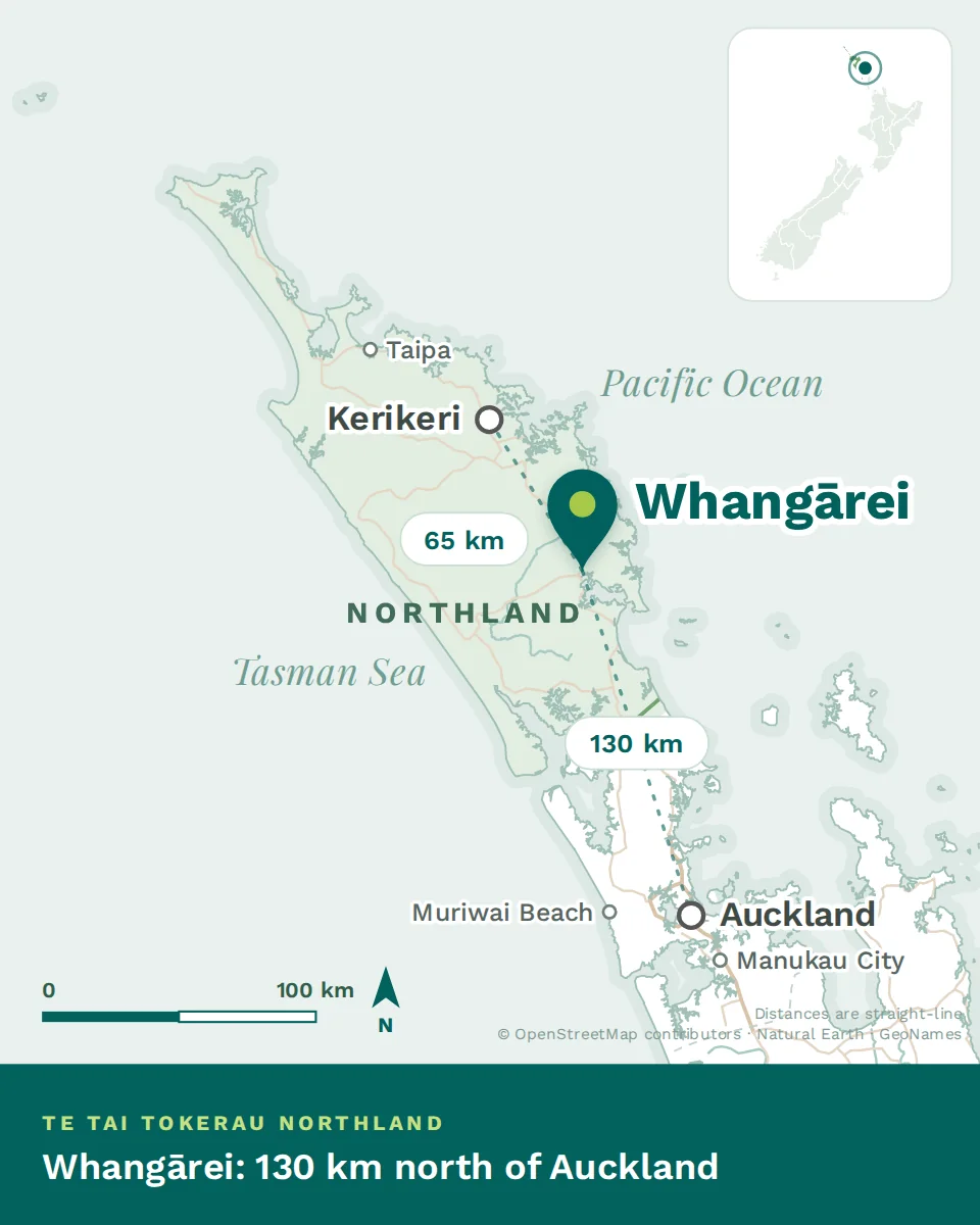 Map showing where Whangārei is, with Auckland and Kerikeri