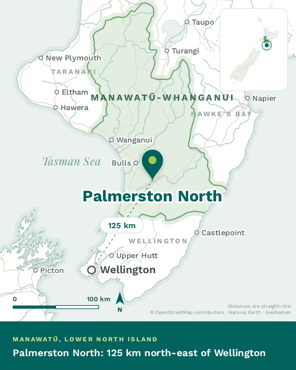 Map showing where Palmerston North is, with Wellington