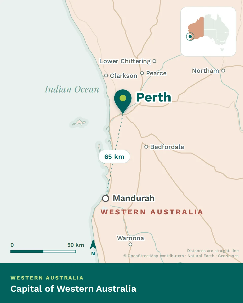 Map showing where Perth is, with Mandurah