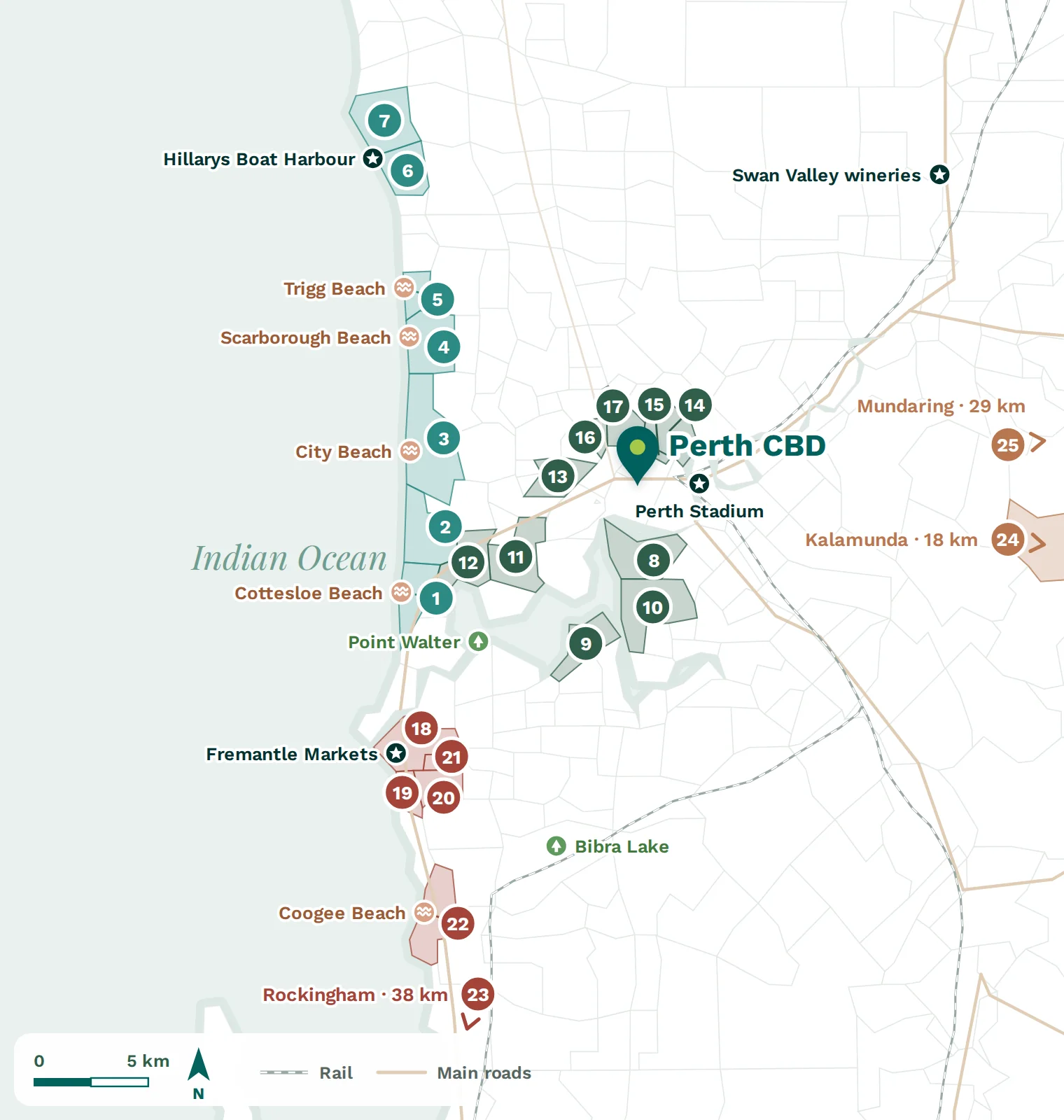 Map of Perth showing the suburbs named in this chapter, with parks, beaches and landmarks