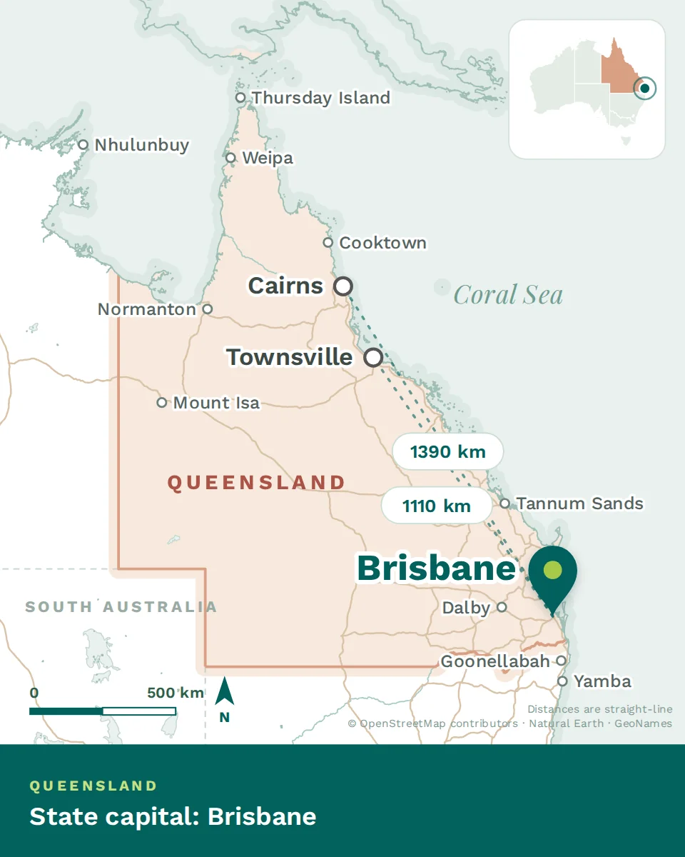 Map showing where Brisbane is, with Cairns and Townsville