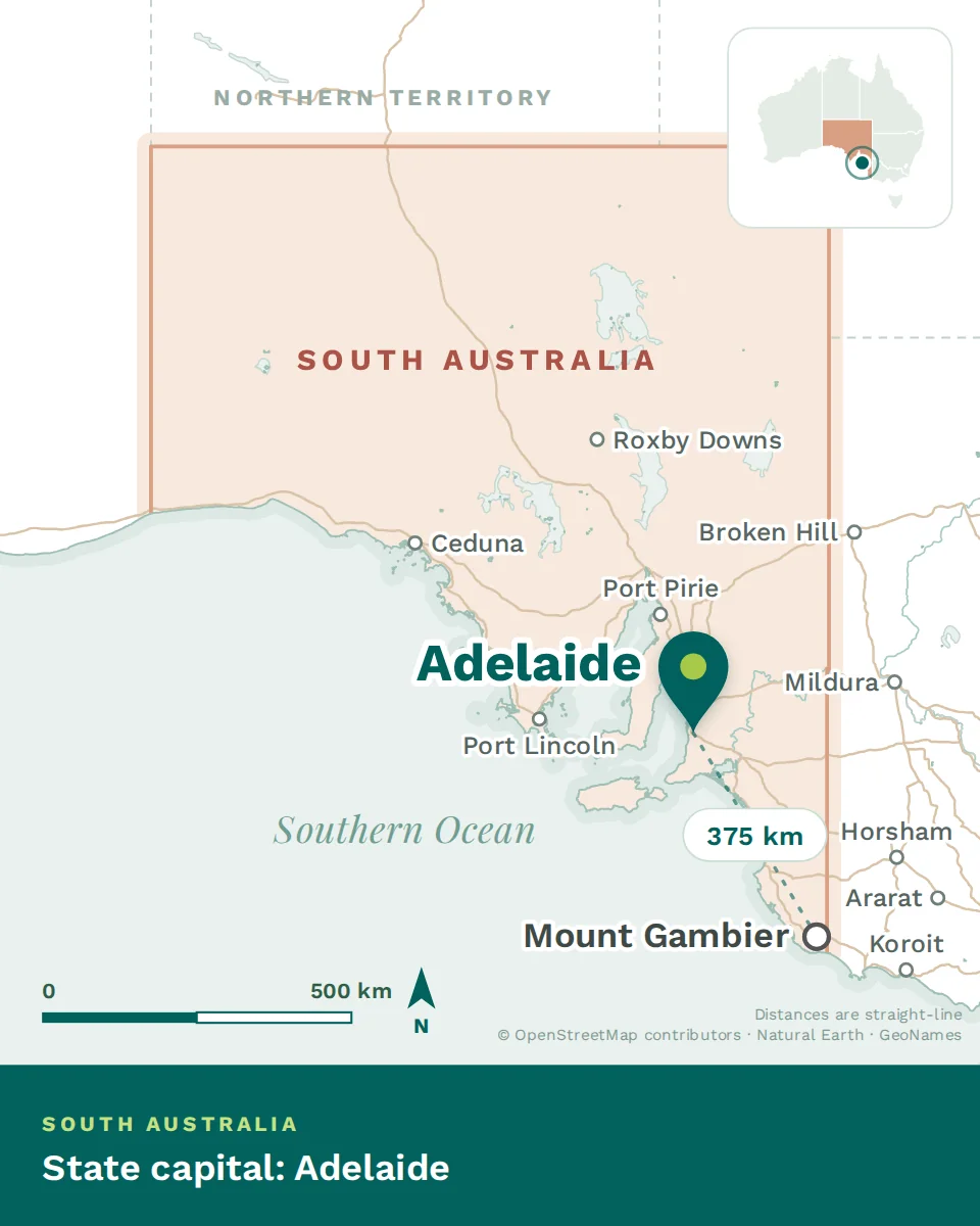 Map showing where Adelaide is, with Mount Gambier