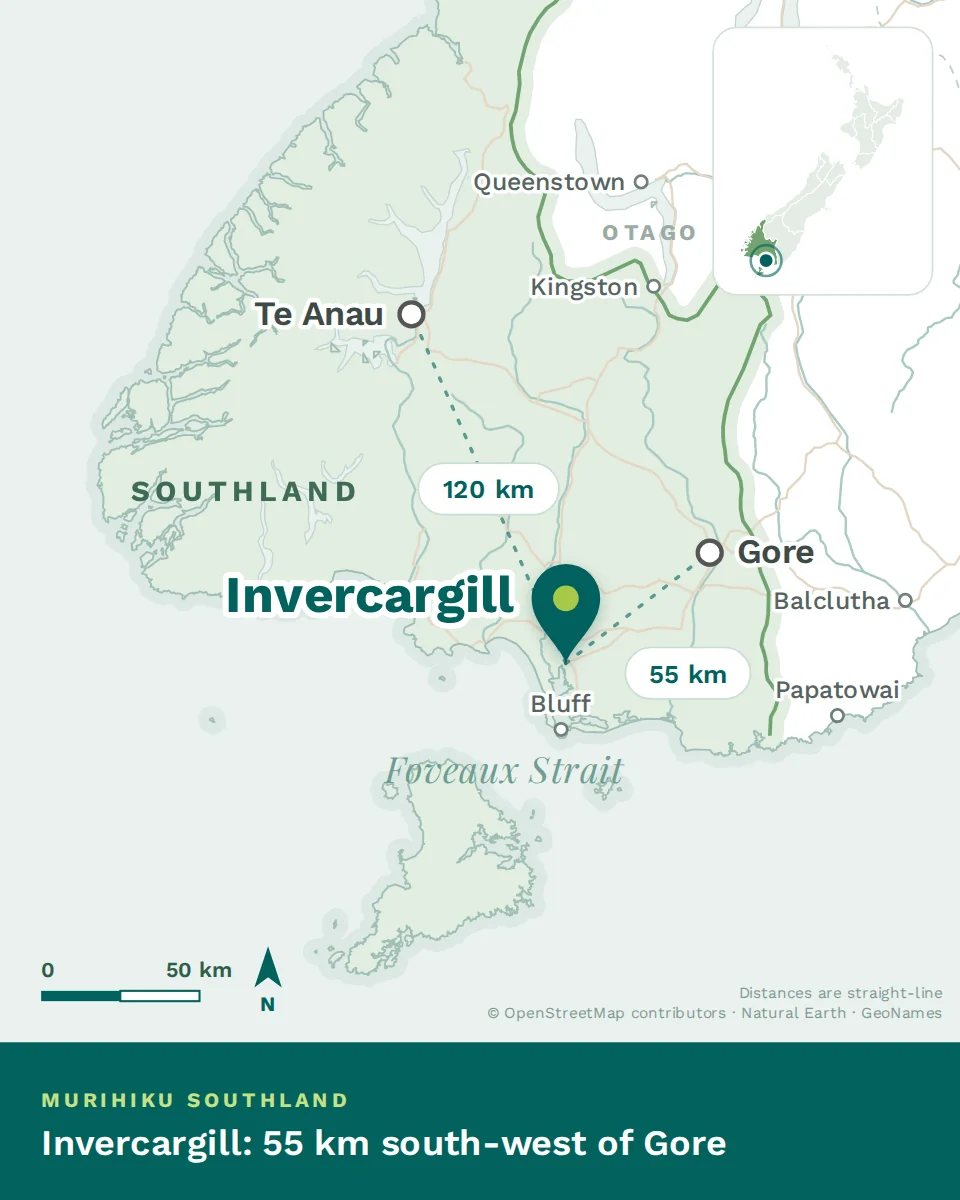 Map showing where Invercargill is, with Gore and Te Anau