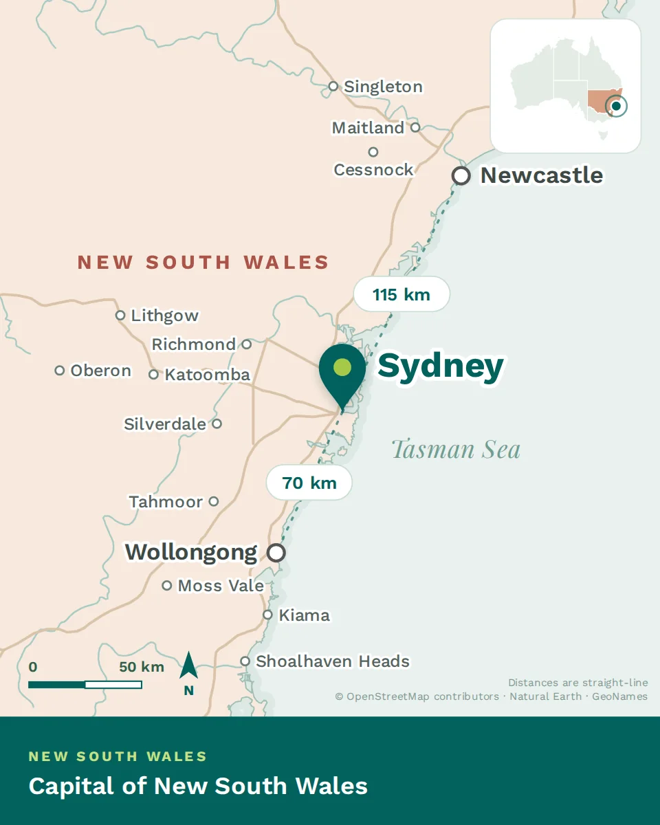 Map showing where Sydney is, with Newcastle and Wollongong