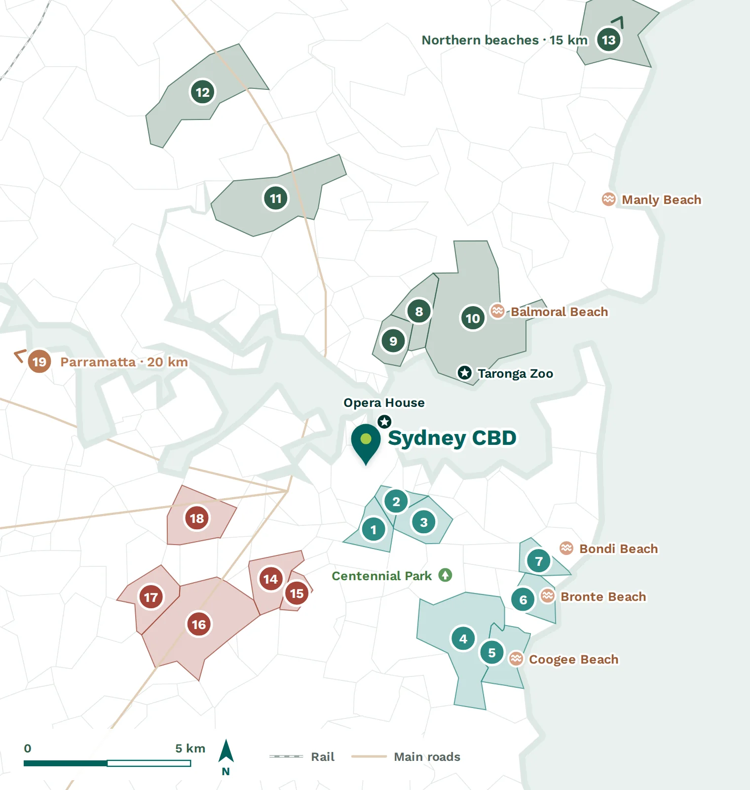 Map of Sydney showing the suburbs named in this chapter, with parks, beaches and landmarks