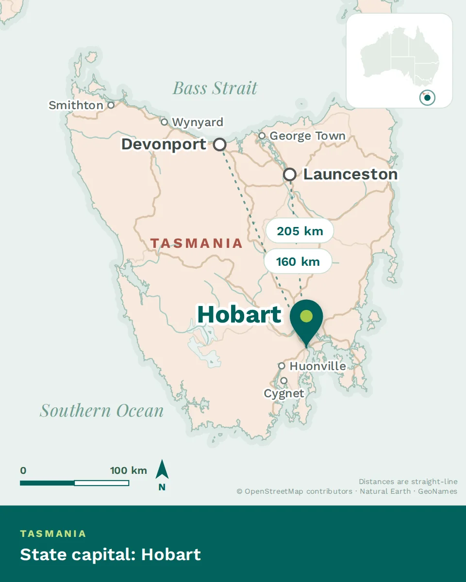 Map showing where Hobart is, with Launceston and Devonport