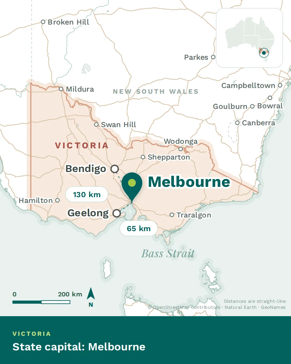 Map showing where Melbourne is, with Geelong and Bendigo
