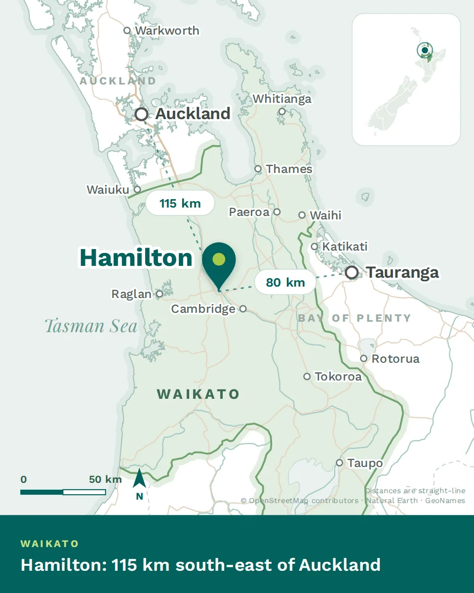 Map showing where Hamilton is, with Auckland and Tauranga