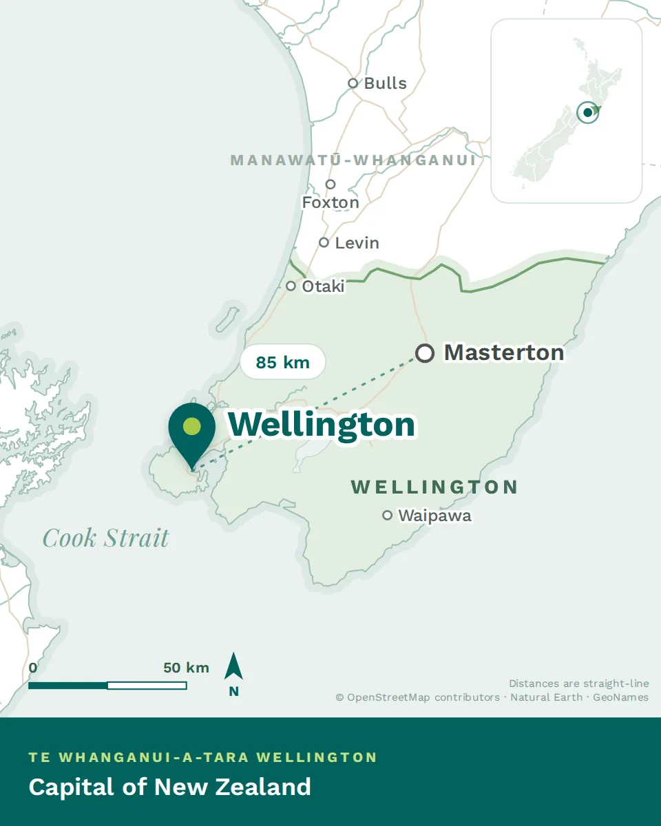 Map showing where Wellington is, with Masterton