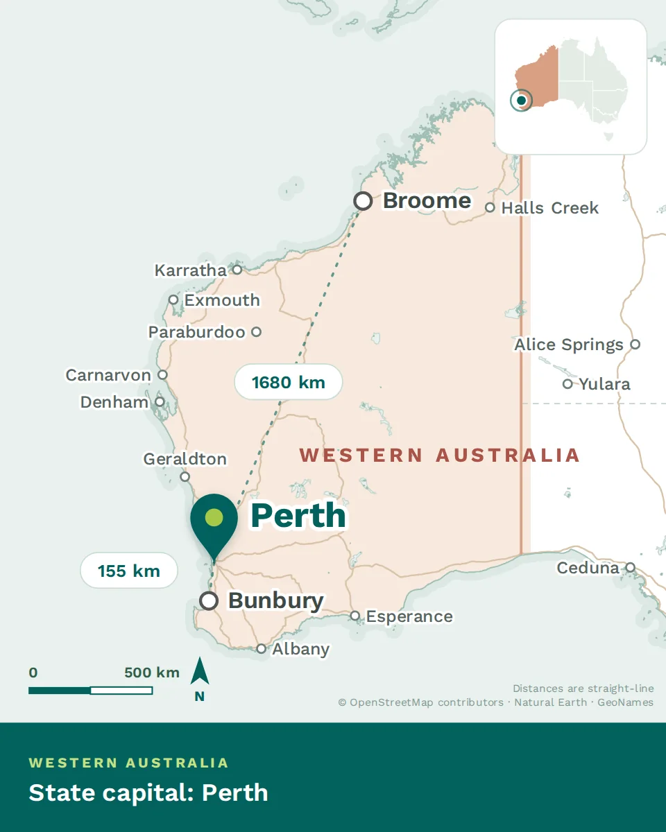 Map showing where Perth is, with Bunbury and Broome