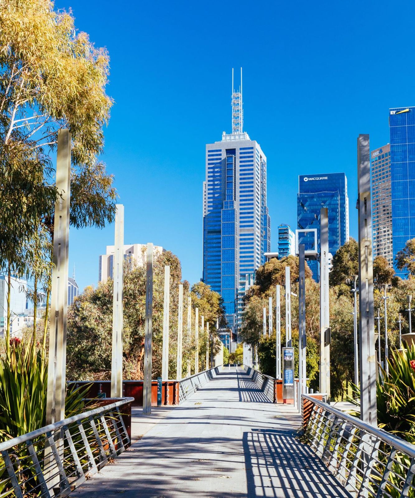 A footbridge through Birrarung Marr park towards Melbourne's city towers