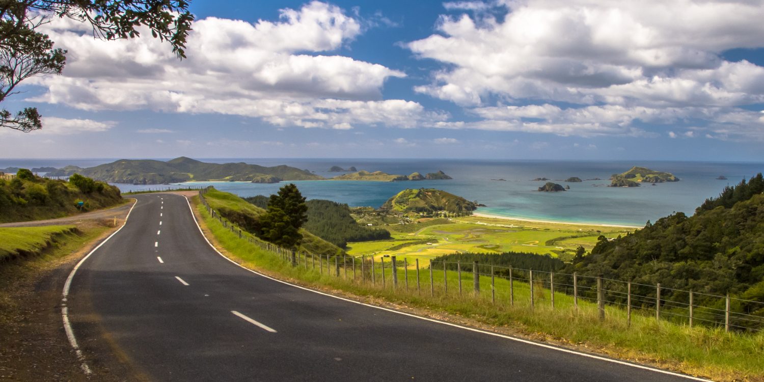 Rolling green Northland farmland seen from the highway