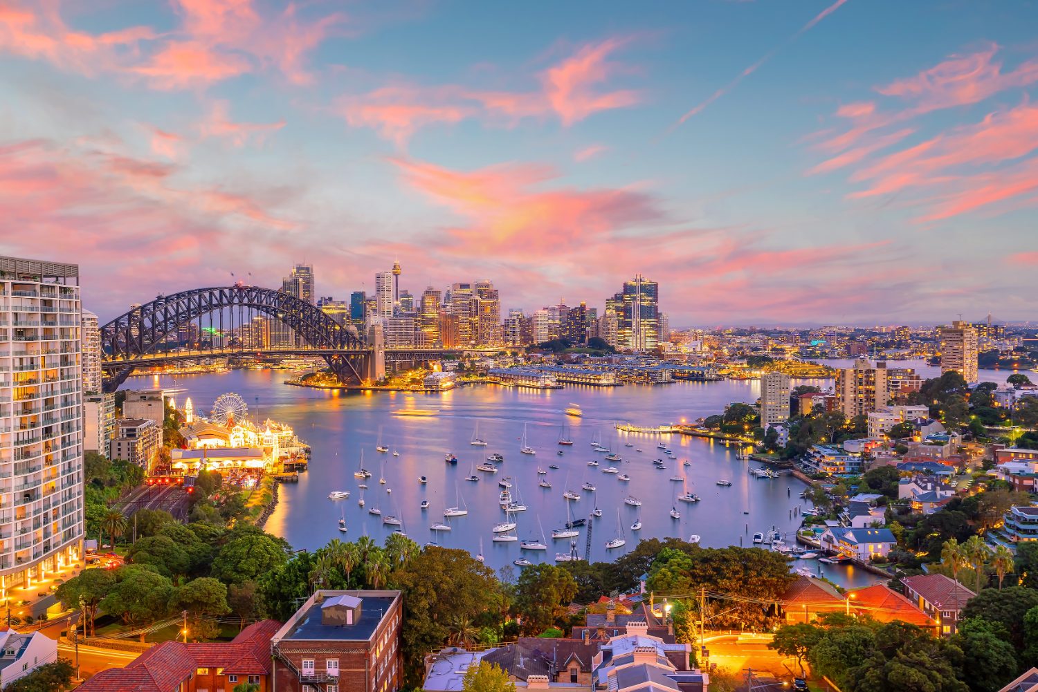 Sydney Harbour with the bridge, the Opera House and the city skyline
