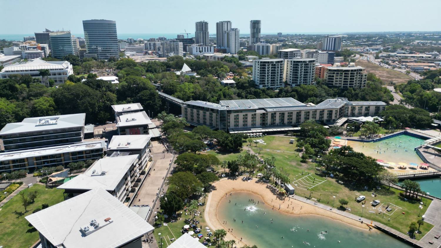 Darwin&rsquo;s waterfront precinct and city towers, seen from the air