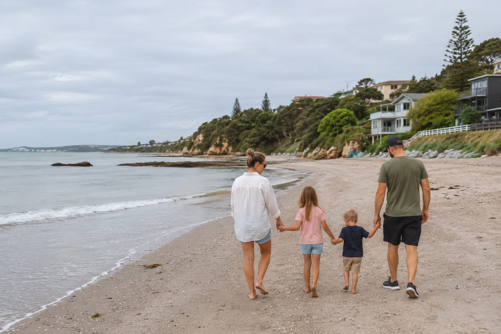 A family walking hand in hand along a New Zealand beach