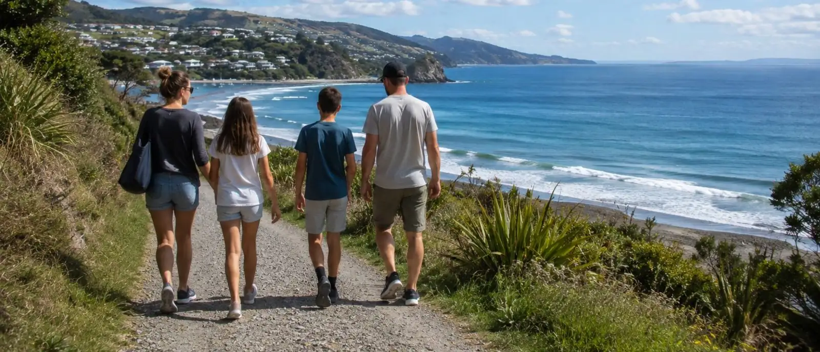 A family walking a coastal path together on a bright evening in New Zealand