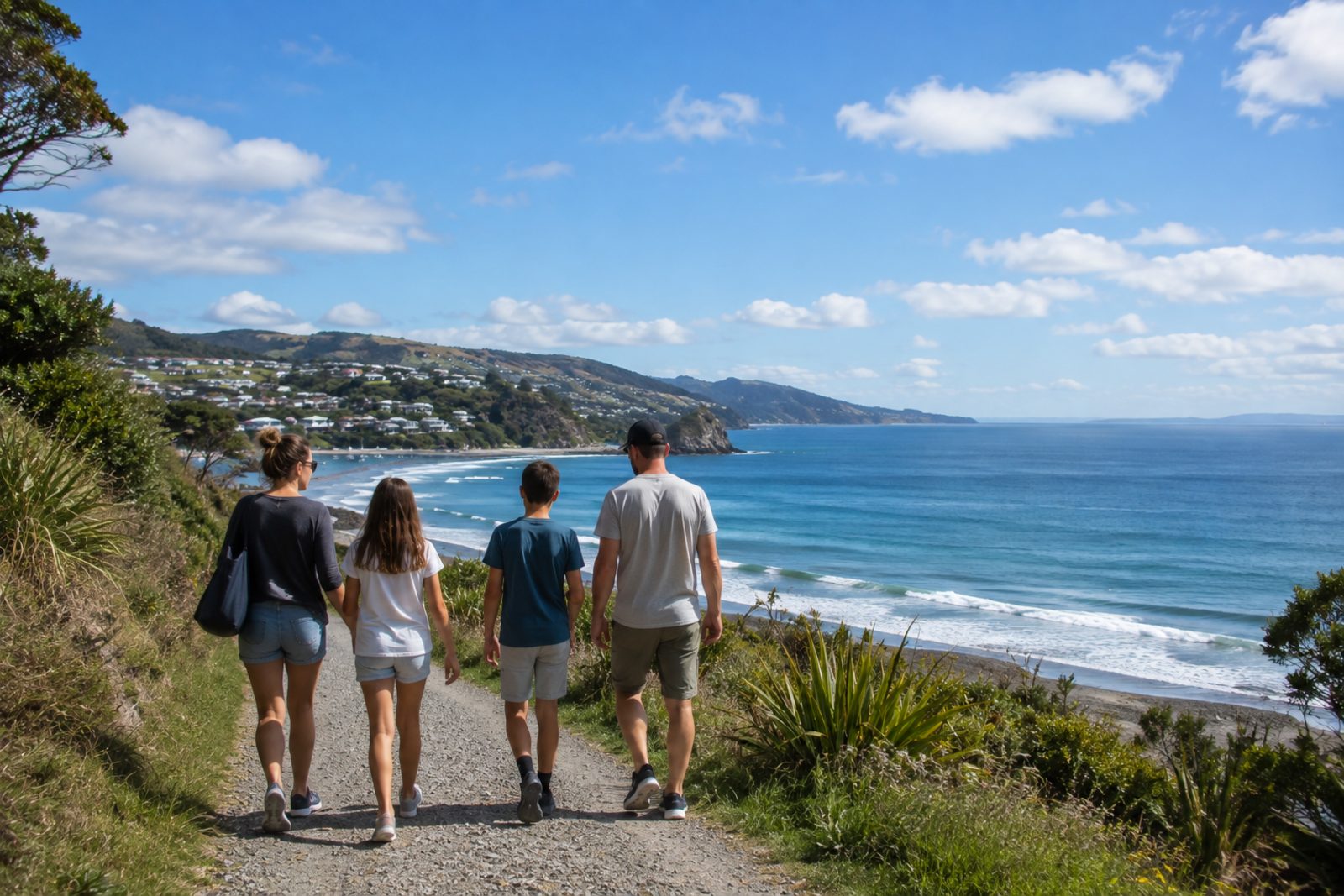 A family walking a coastal path on a bright, breezy day