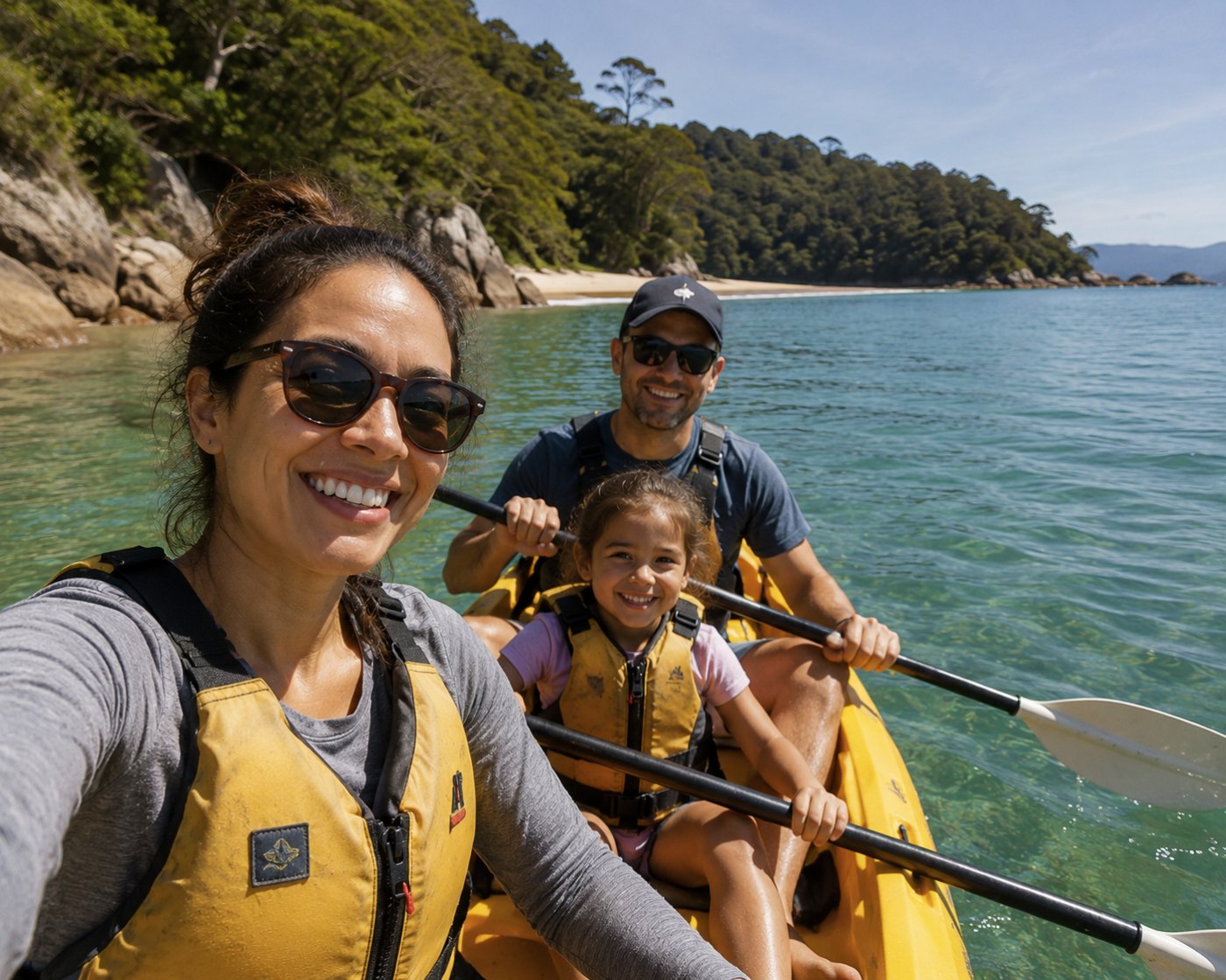 A family kayaking together in clear water on a sunny day in New Zealand