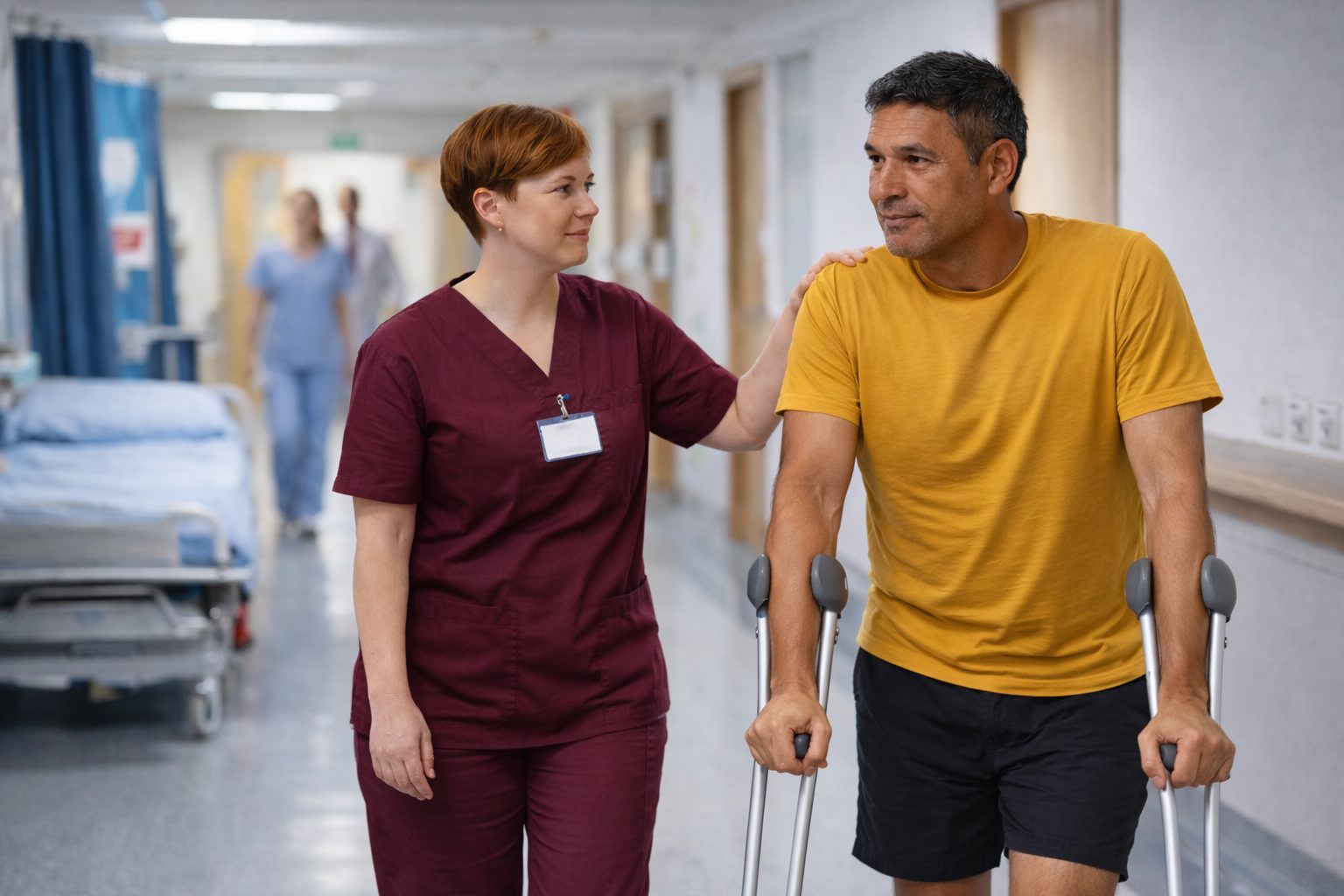 A nurse walking with a patient along a hospital corridor