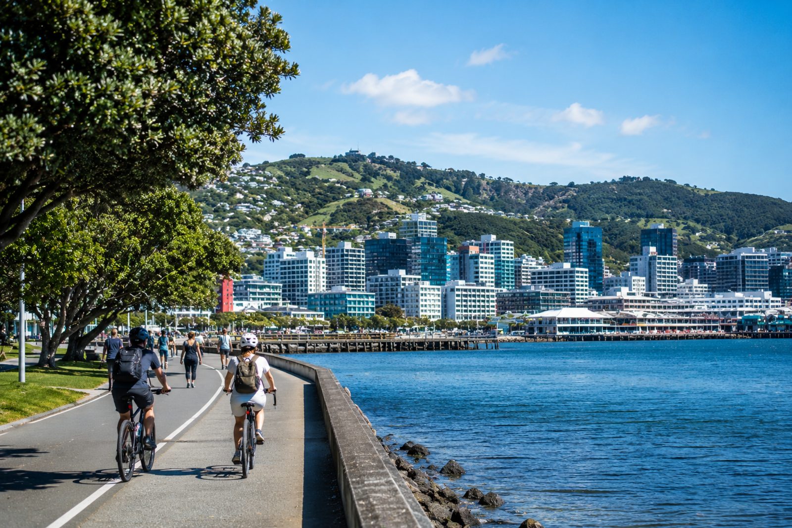 Cyclists and walkers on the Wellington waterfront path with the harbour and city behind