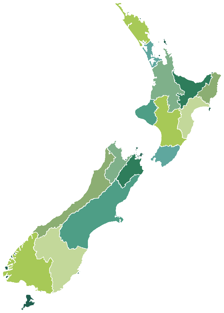 Map of New Zealand with its regions shown in Ethicare brand greens and teals, across the North and South Islands