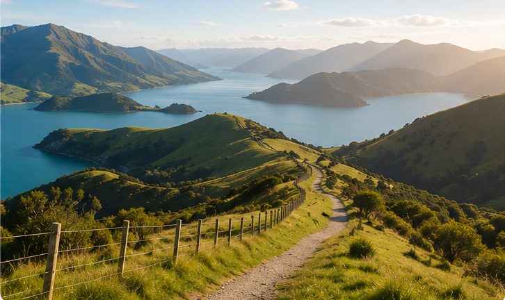A walking track winding over green hills above the blue waters of the Marlborough Sounds, New Zealand