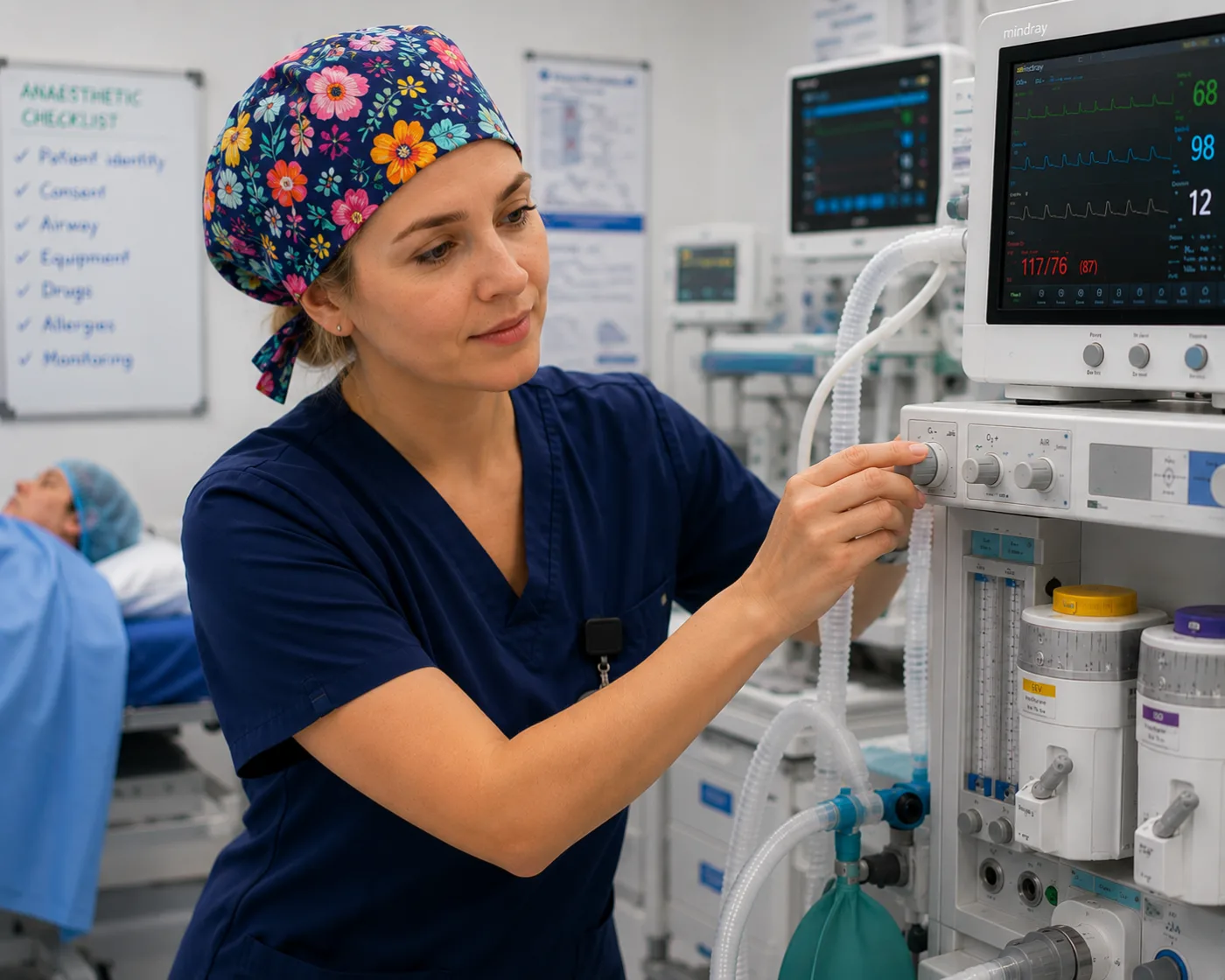 An anaesthetic technician setting up an anaesthetic machine