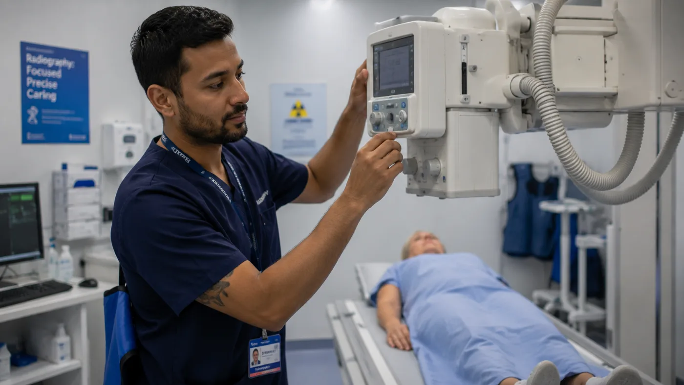 A radiographer adjusting the X-ray unit beside a patient