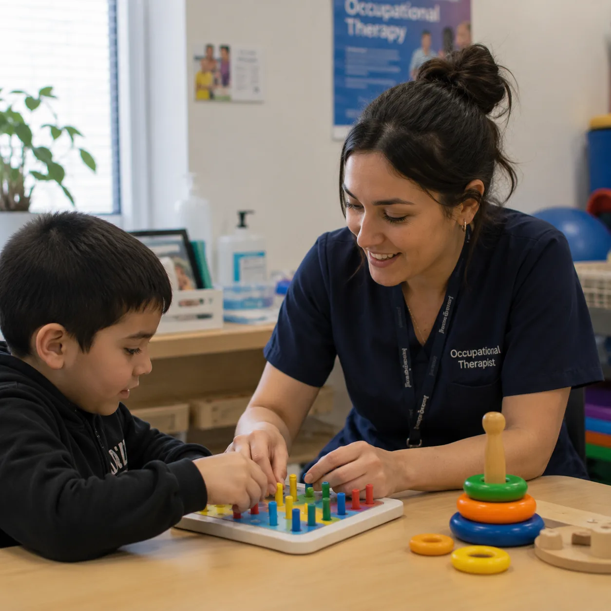 An occupational therapist working with a child at a table