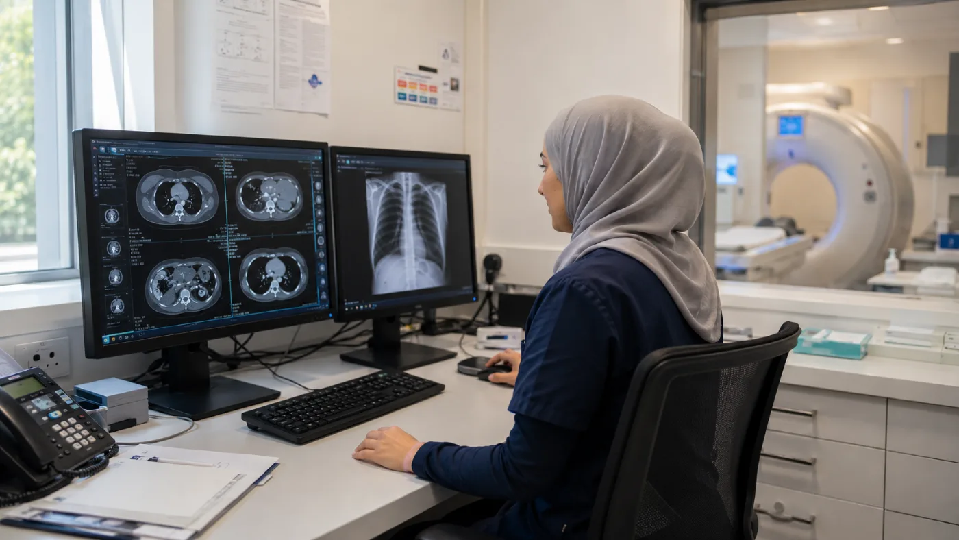 A radiologist reviewing CT images at a reporting workstation