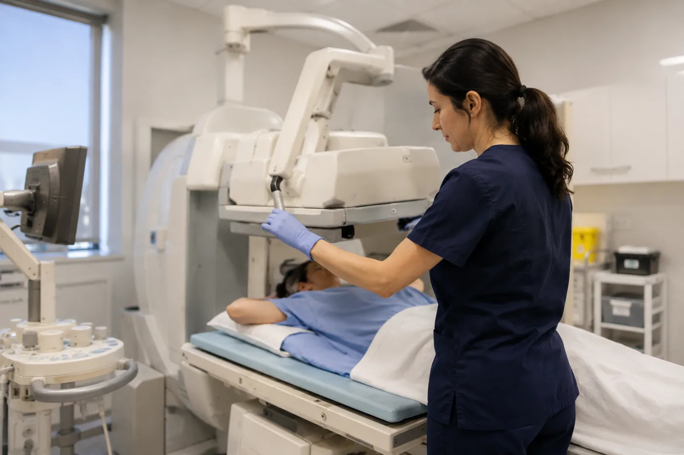 A nuclear medicine technologist positioning a patient at the camera