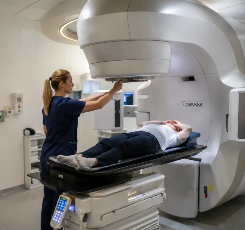 A radiation therapist preparing a patient on a linear accelerator