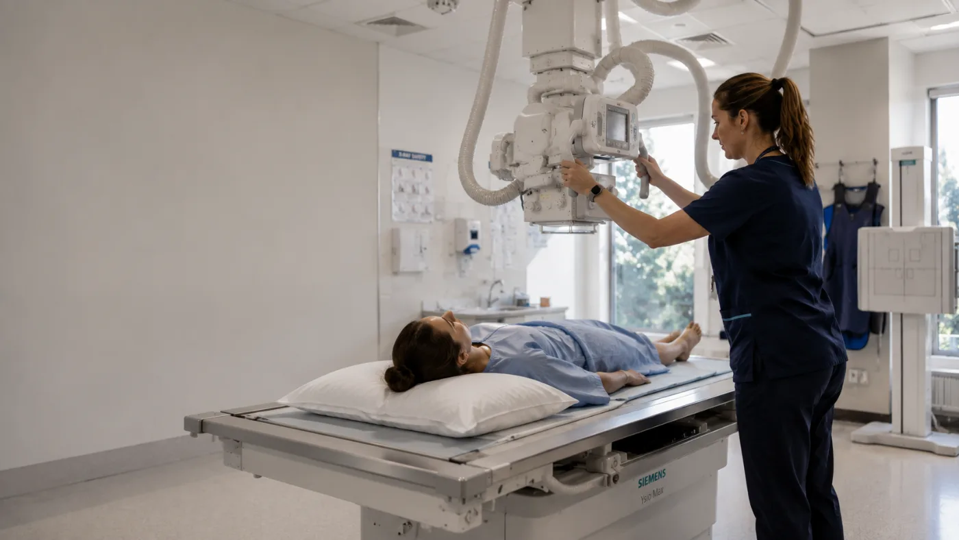 A technologist positioning a patient at an imaging machine in a hospital room