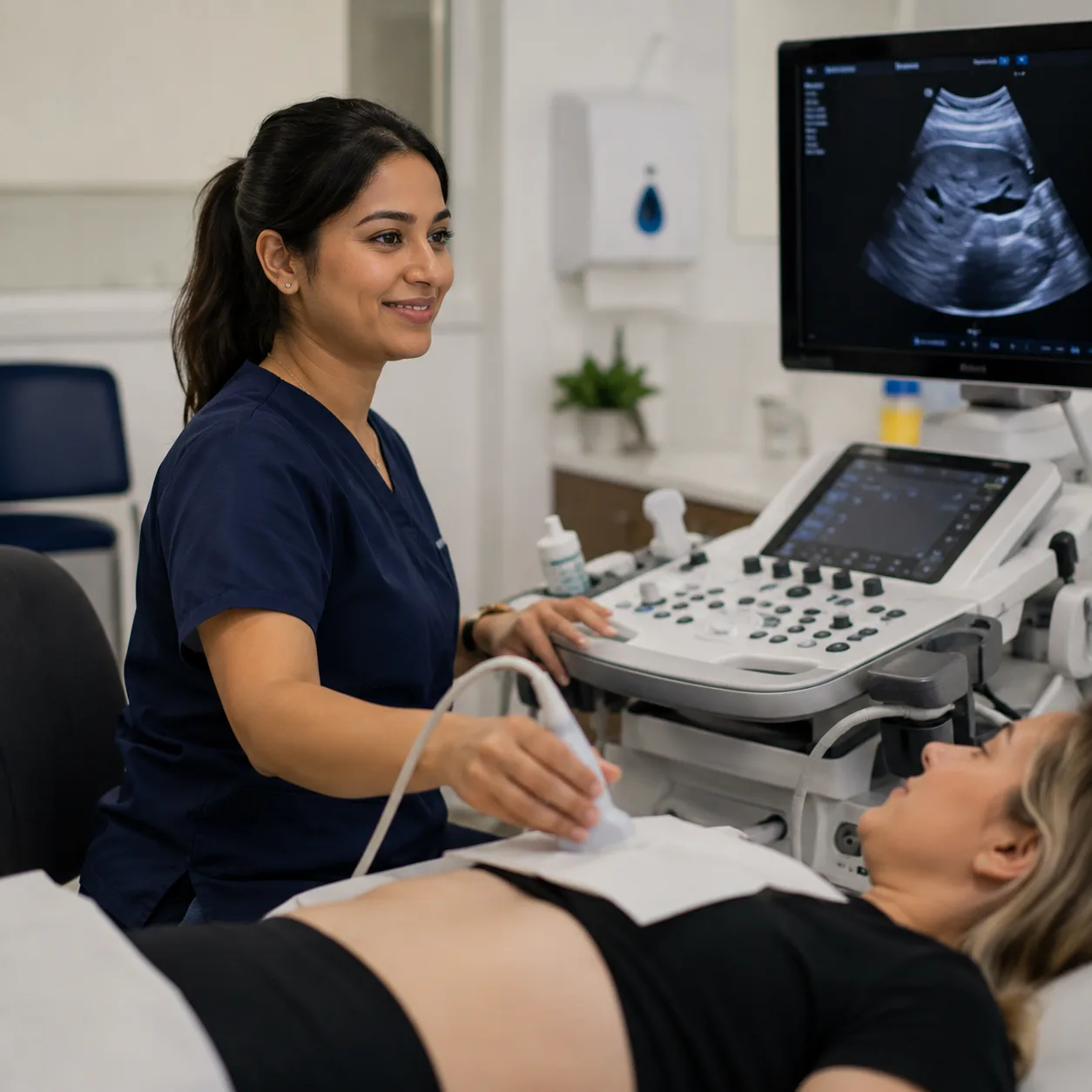 A sonographer scanning a patient