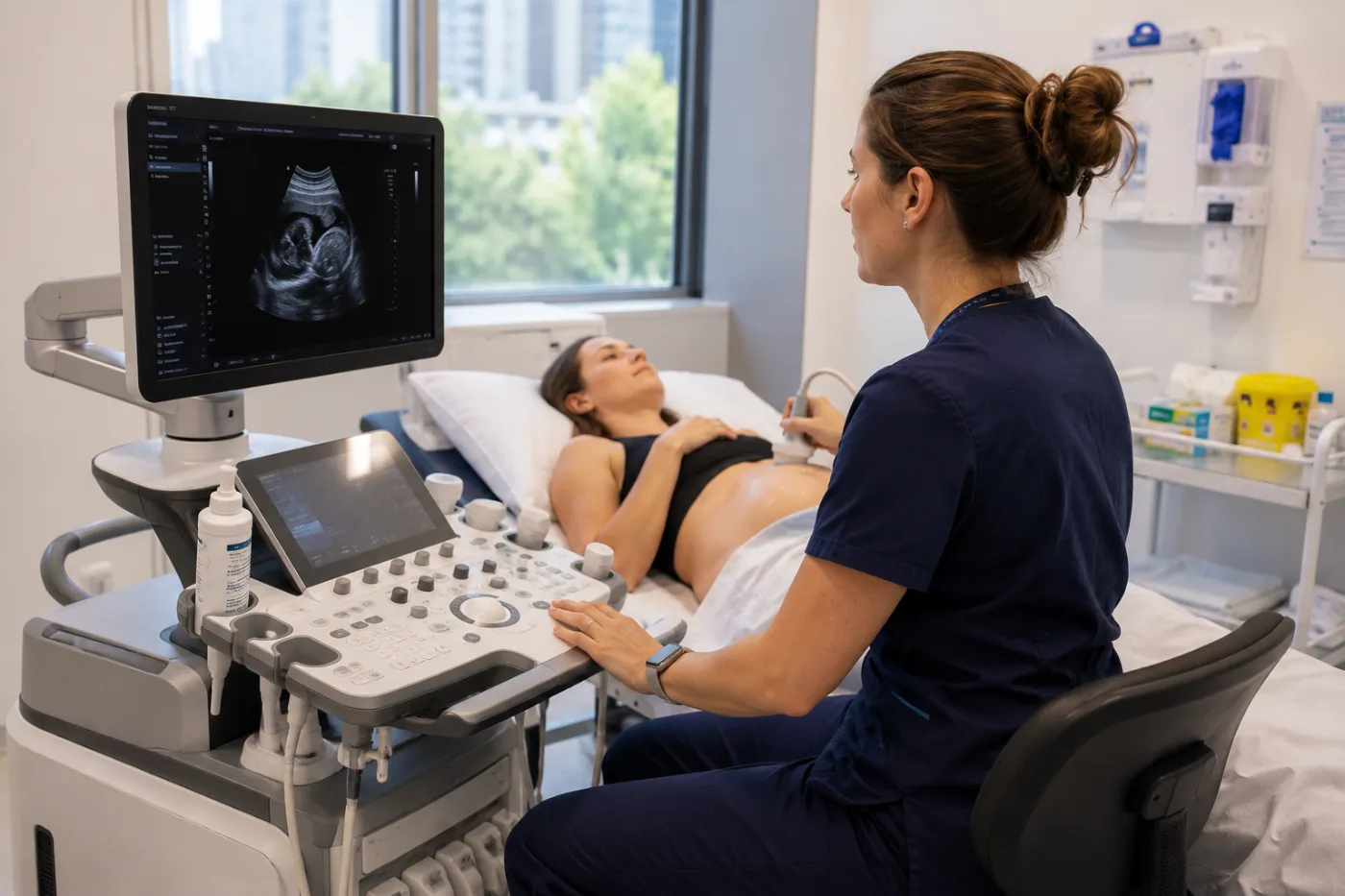 A sonographer performing an obstetric scan