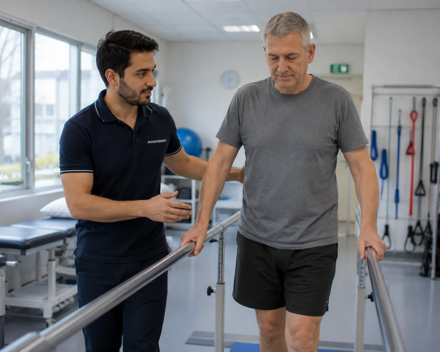 A physiotherapist supporting a patient walking between parallel bars