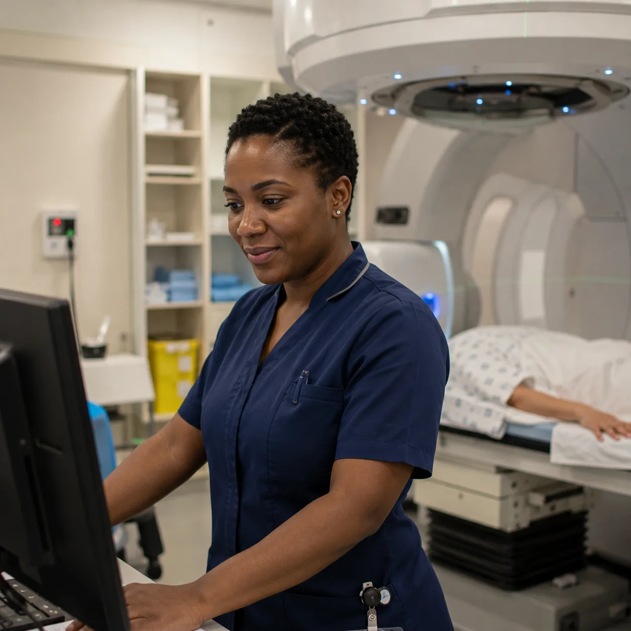 A radiation therapist at the treatment console