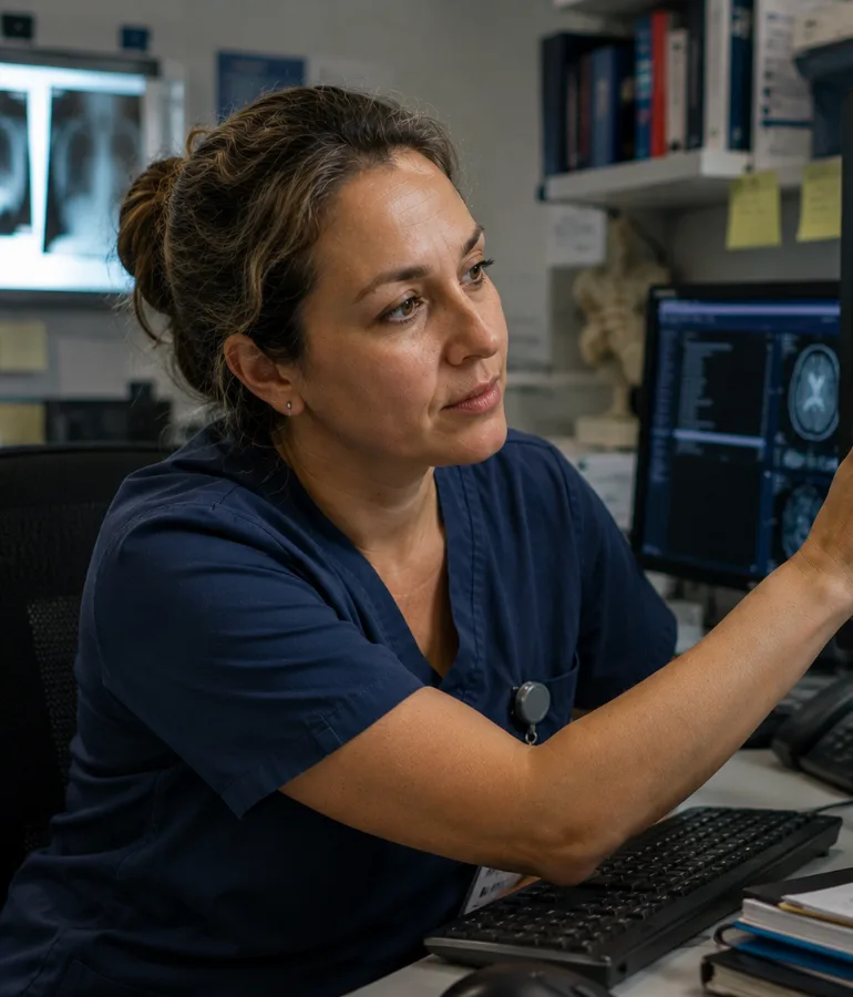 A radiologist reporting at a workstation