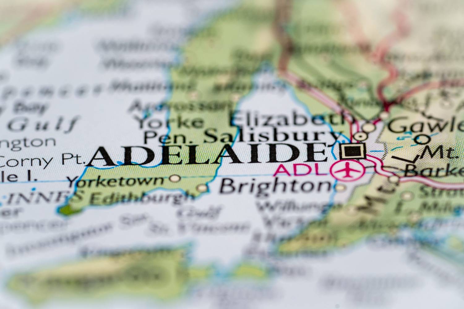 A road map of South Australia with Adelaide marked on Gulf St Vincent