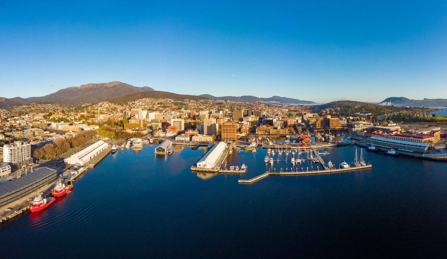 Hobart&rsquo;s waterfront, marina and CBD seen from above