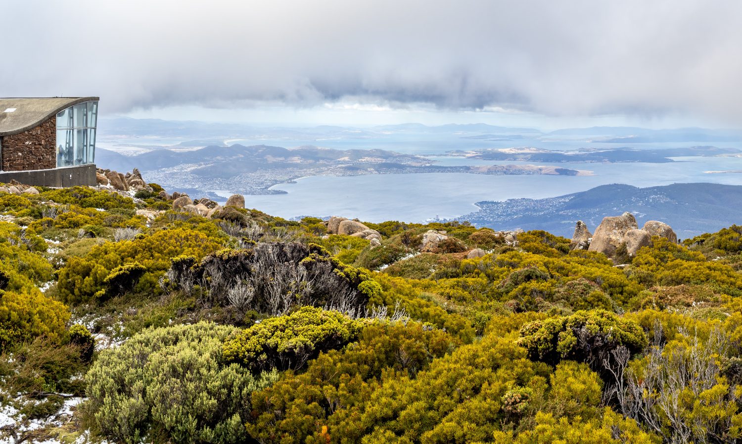 The view from the summit of kunanyi / Mount Wellington over Hobart and the Derwent estuary