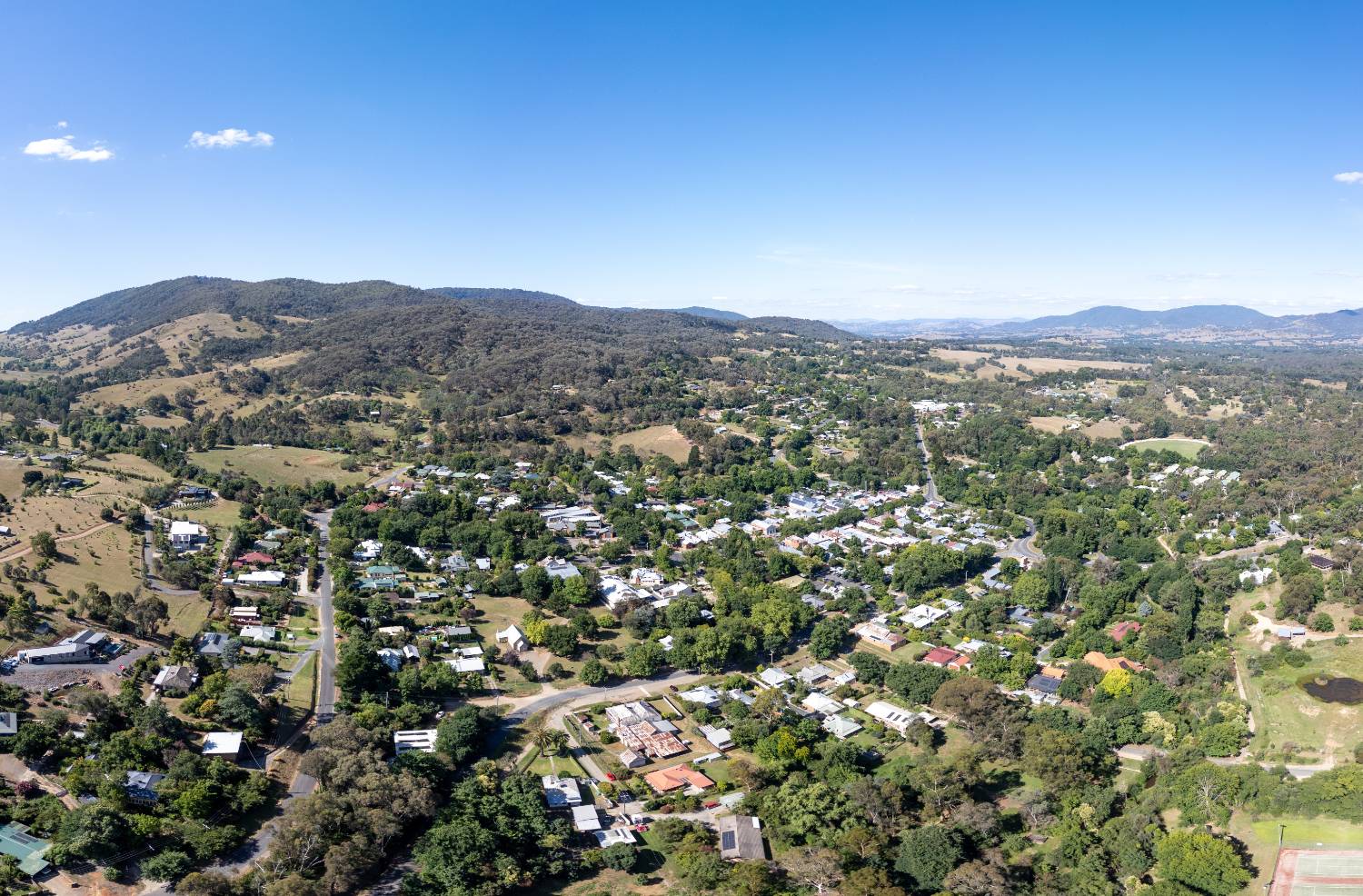 A small town in the Victorian high country beneath wooded hills