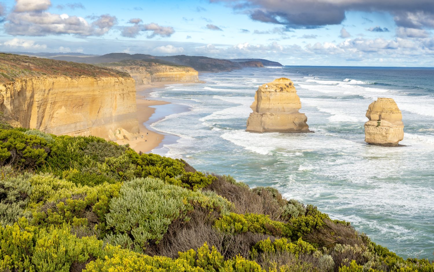 The Twelve Apostles limestone stacks off the Victorian coast at dusk