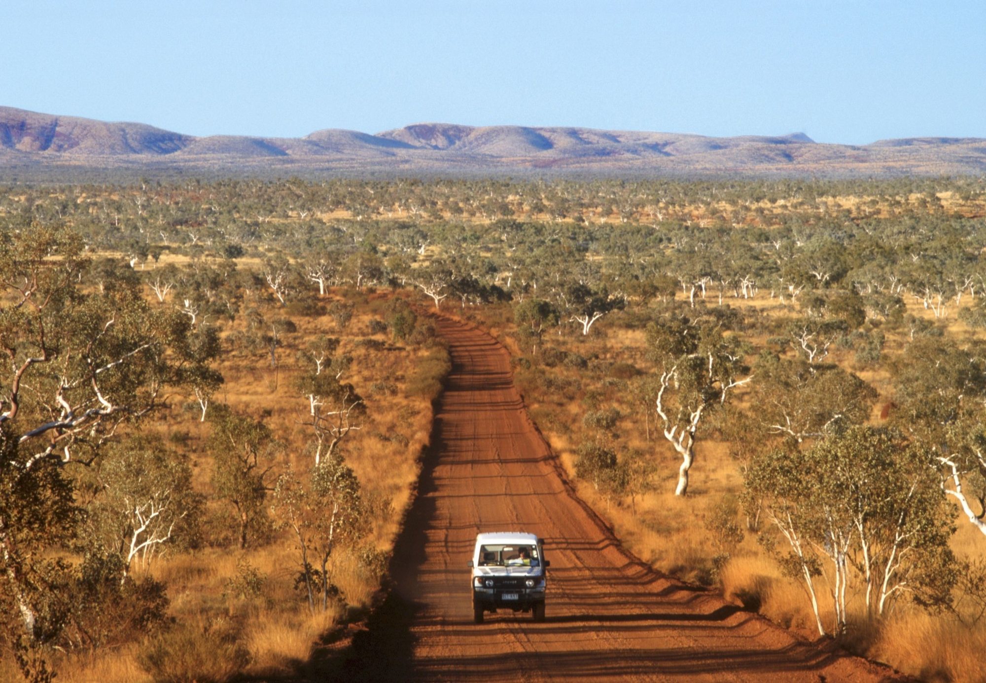 A four-wheel drive on a red dirt road through the Kimberley